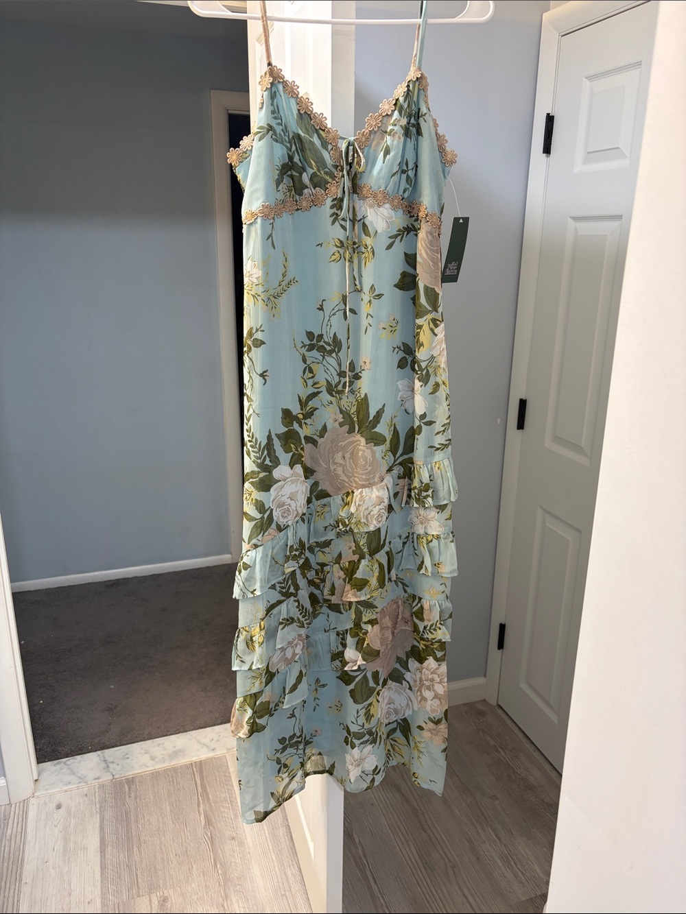 Light Blue Floral Lace-Trim Tiered Dress